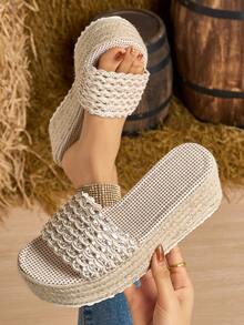 Hemp Rope Sole Wedge Thick Bottom Unique One-Strap Platform Fashion Women Shoes - Silver - View 7