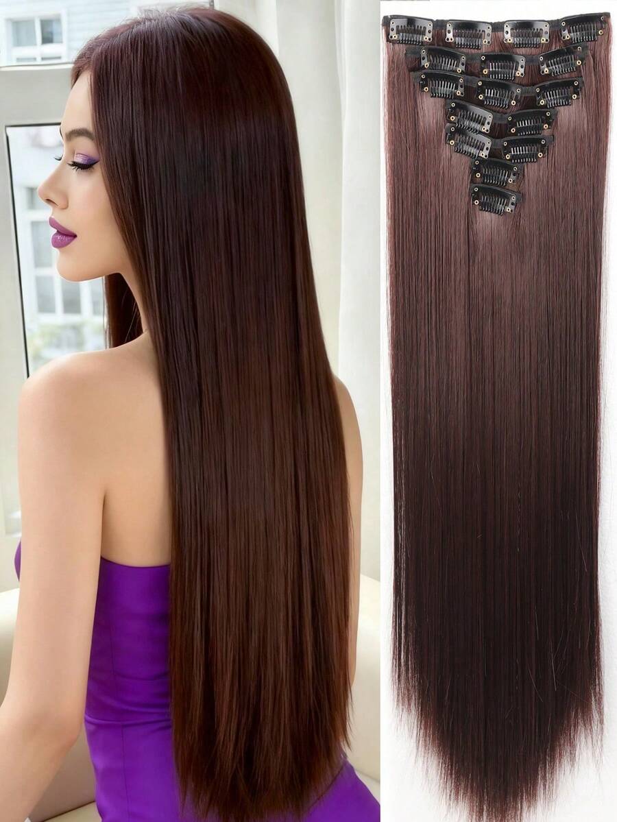 24-Inch Straight Wig Extension Set With Seven Pieces,Clip-In Hair Extensions Increasing Hair Volume, Fluffy And Natural, Invisible And Seamless Extension Pieces - Multicolor - View 1