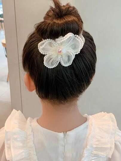 1 pièce Chouchou surdimensionné en forme de fleur doux pour filles, chouchou en organza avec perles de nacre marron, convient pour la vie quotidienne et l'école