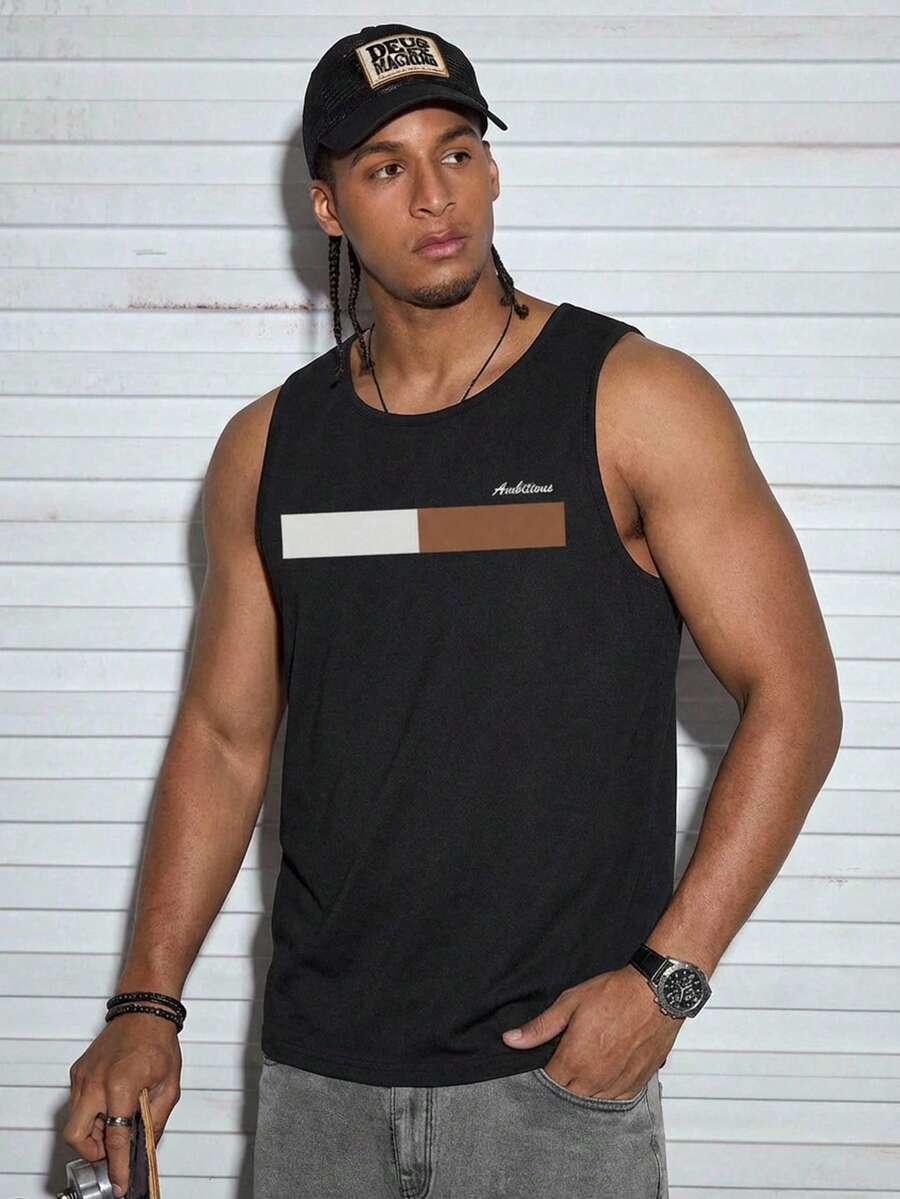 Modcrash Men's Spring And Summer Top, Ambitious, Slogan Print, Sleeveless Top Spring To Summer - Black - View 1