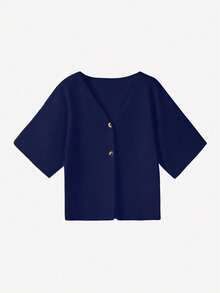 Women's Minimalist Elegant Commuter Short Sleeve Cardigan Sweater, Spring/Summer - Sapphire - View 5