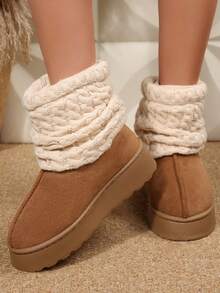 Warm Boots Shoes Snow Boots Ankle Boots Outdoor Short Knit Cuff Snow Boots Faux Furry Boot Upper Platform Sole Warm Lining Boots For Women - 棕色 - 查看 9