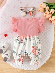1 pieza Mono estampado de parchwork acanalado cómodo y lindo para bebé niña, estilo Mori ligero de verano - Rosado Sandía - Ver 2