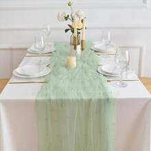 1pc Mint Green Table Runner | Pearl Tulle Handmade Fabric, Wrinkle-Resistant Polyester, Suitable For Valentine's Day, Weddings, Perfect For Table Decorations - Mint Green - View 9