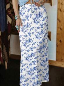 Women's Spring/Summer Chinoiserie Print Ruffle Hem Elastic Mesh Skirt, Casual Everyday/Vacation/Party Wear - Blue and White - View 1
