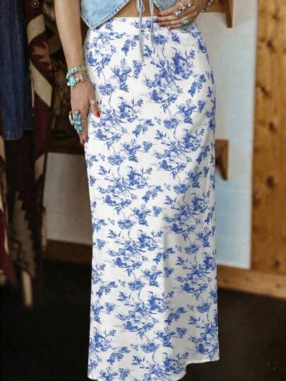 Women's Spring/Summer Chinoiserie Print Ruffle Hem Elastic Mesh Skirt, Casual Everyday/Vacation/Party Wear