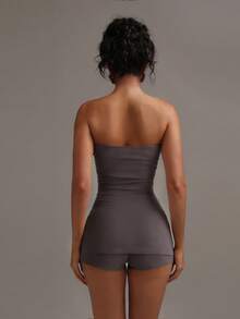 女士夏季高弹柔软基础款长款抹胸上衣+短裤两件套，时尚休闲纯色套装 - 灰褐色 - 查看 6