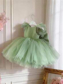 女婴薄荷绿荷叶袖蝴蝶结串珠网纱优雅派对礼服，公主裙，适合女童一周岁生日、派对、宴会、婚礼花童、节日庆典等场合。 - 薄荷綠 - 查看 2