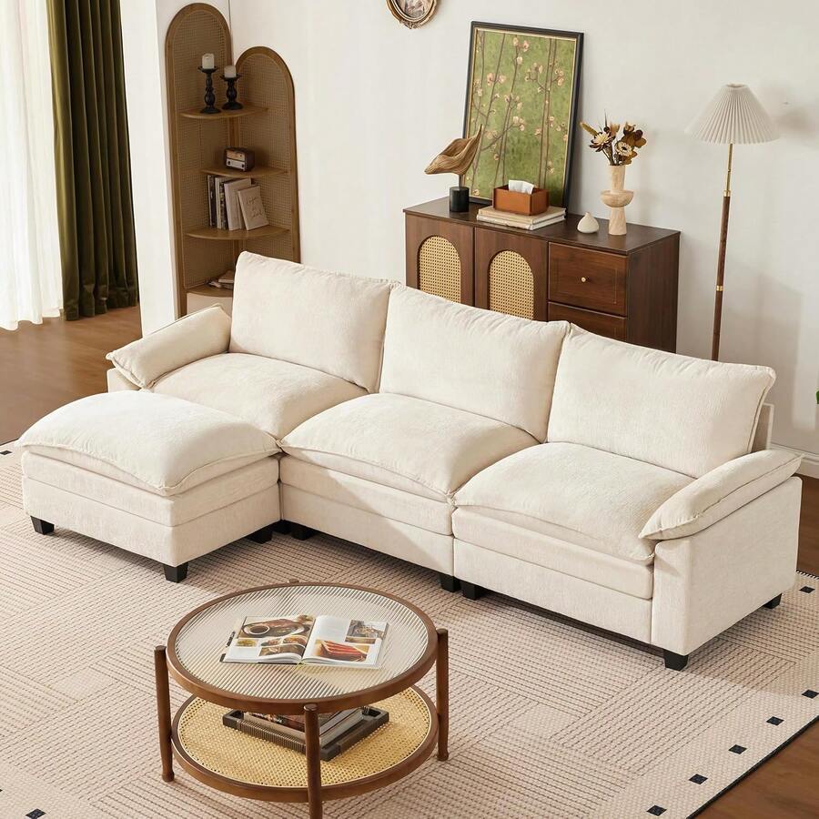 114 Inch Modular Couch Sectionals with Ottoman, Big Comfy Cloud Couches, L Shaped 4 Seat Modular Sectional Sofa, Modern Cloud Sectional Couches for Living Room, Deep Seat Sofa, Beige - Beis - Ver 1