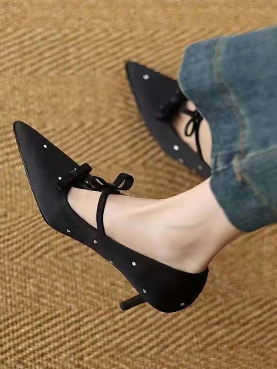 Women's Fashionable Niche Luxury Black Shoes, New Pointed Toe Low Vamp Thin Heel Pumps, Slimming Elegant Celebrity Bow French Versatile High Heels - Black - View 1