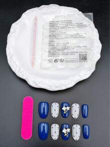 10pcs Set Of Handmade Nail Stickers, Navy Blue Almond Shape, Beautiful Fragrance Style French Manicure Stickers, Matte Nail Stickers - Navy Blue - View 10