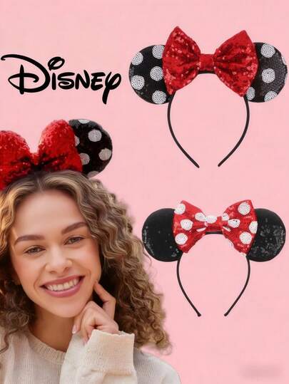迪士尼单件装系列发箍，配有柔软蝴蝶结、可爱米妮耳朵，卡通装饰发饰，适合日常佩戴、公主派对、生日派对、送礼或化妆派对，时尚女士发饰，情人节礼物，发箍发圈头饰