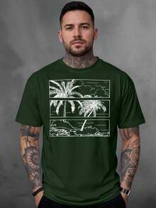 Men's T-Shirt, 100% Cotton, Palms Print - 綠色 - 查看 2