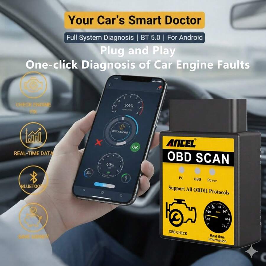 ANCEL ELM327 Bluetooth Wireless Obd2 Scanner For Android Phone, Car Fault Diagnostic Tool, Check Engine Code Reader Scan Tool, Car Accessories, Car Essential Goods, Car Scanner Compatible With TORQUE PRO/Dashcommand/Scan Master/ OBD AUTO DOCTOR  App - 黃色 - 查看 1