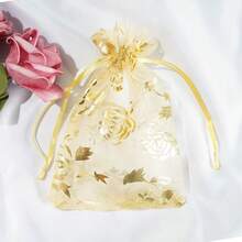 10pcs Gold Foil Rose Pattern Drawstring Organza Bags, Jewelry & Cosmetic Sample Packaging Pouches - Multicolor - View 9