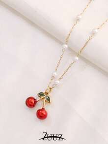 1pc Fashion Stainless Steel Cherry Charm Pearl Chain Necklace For Women Choker Necklaces Female Jewelry Best Friends Gifts - necklace - View 4