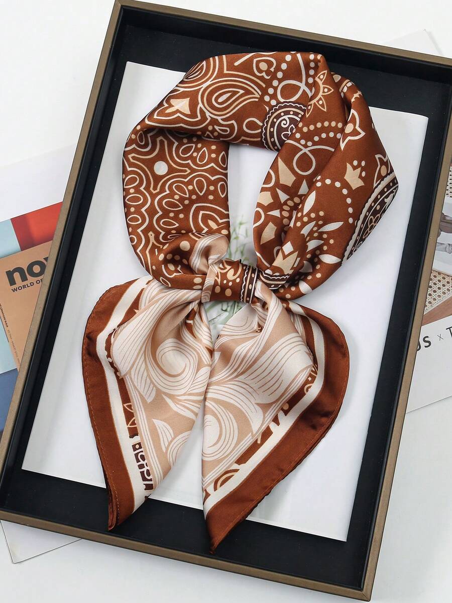 1pc Women's Bandana Scarf With Cashew Flower & Geometric Pattern, Stylish Headscarf/Square Scarf - Coffee Brown - View 1