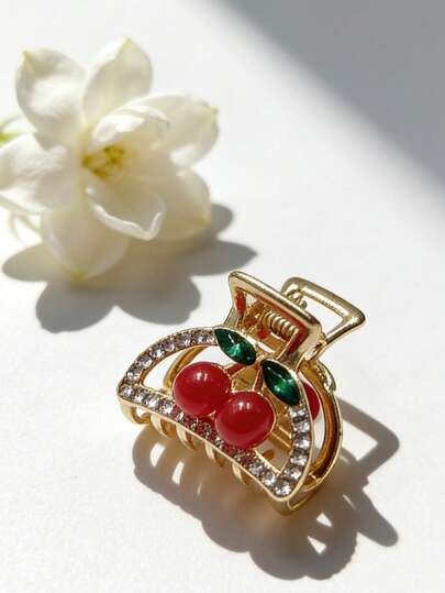 A Y2K Sweet Girl Style Bling Bling Cherry Rhinestone Hair Clip - Cute Red Agate Texture Gold Claw Clip For Daily/Dates Youthful Sweet Hair Accessory