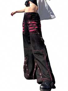 Women Cargo Jeans, Striped Zipper Button Closure Loose Casual Trousers Streetwear With Pockets - 紅色 - 查看 3