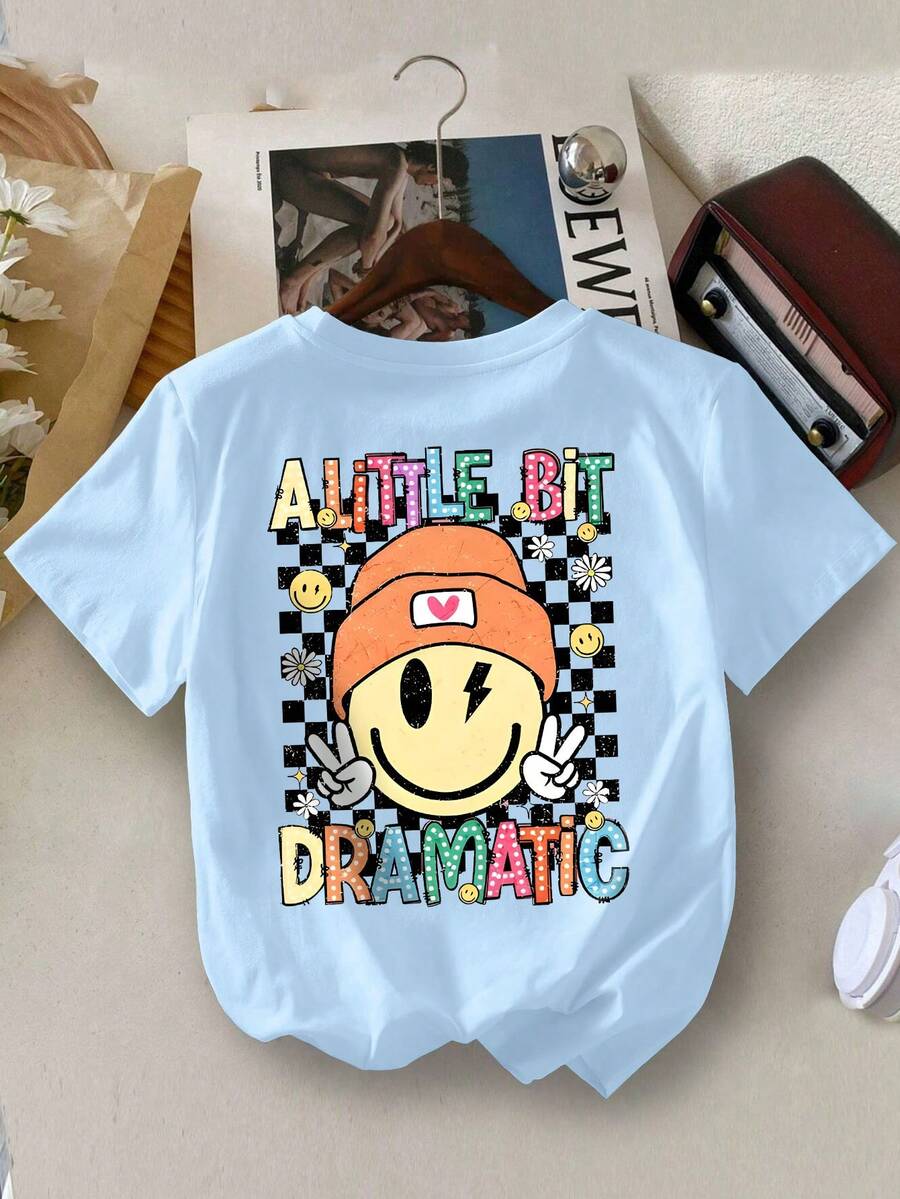 女童圆领短袖印花标语休闲T恤，春夏款 - 淺藍色 - 查看 1