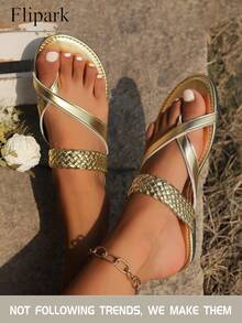 Flipark Flash ! Women's Brown Sports Sandals | Contrast Strap Faux Leather Slides, Anti-Slip & Breathable, Limited Stock - Gold - View 2