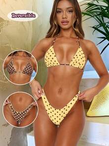 女士性感比基尼泳装，复古碎花双面三角比基尼沙滩套装，适合海滩女孩夏季度假 - 米棕色 - 查看 3