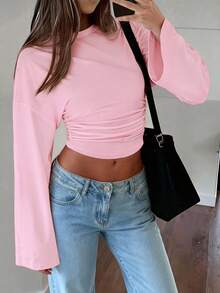 Nueva blusa elegante de manga larga con cuello redondo y volantes de unicolor, adecuada para vacaciones, citas, escuela, viajes y uso diario en primavera - Rosa Pálido - Ver 5