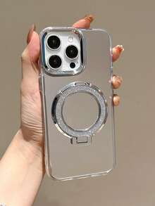 1PC Light Luxury Premium Round Glitter Kickstand Phone Case, Compatible With 11/12/13/14/15/16 Pro/17 Pro Max, Electroplated Mirror Full-Body Protective Case, Valentine's Day Gift - Silver - View 3