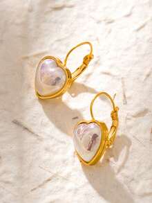 一对可爱甜美的心形仿珍珠耳坠，18K镀金不锈钢材质，女士通勤、约会、派对配饰、节日礼物 - 愛心 - 查看 3