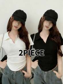 2件套Y2K风格黑白修身腰身性感甜美百搭休闲通勤度假女式短袖翻领T恤套装，春夏款 - 彩色 - 查看 1
