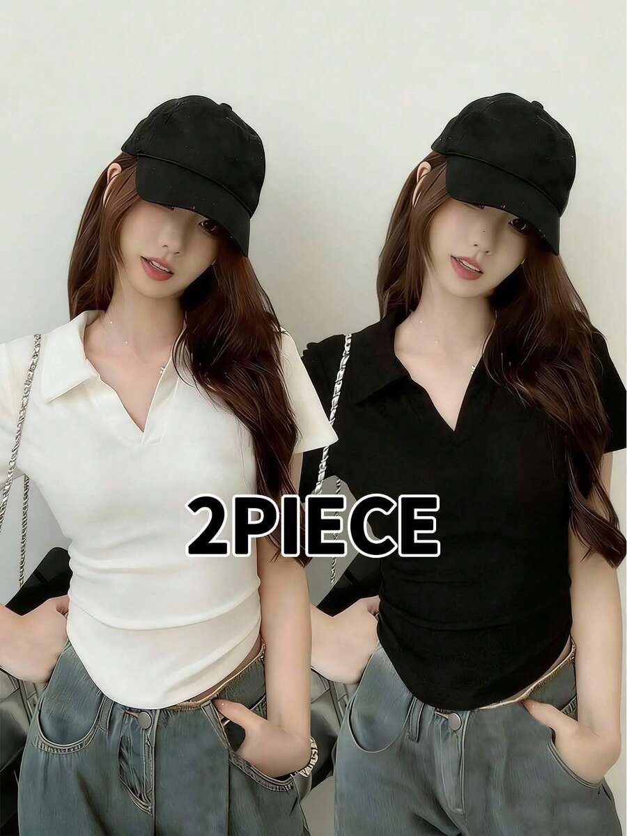 2件套Y2K风格黑白修身腰身性感甜美百搭休闲通勤度假女式短袖翻领T恤套装，春夏款 - 彩色 - 查看 1