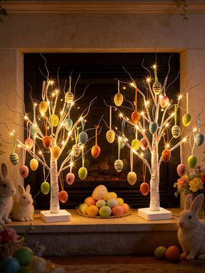 12个白色桦树造型彩灯，复活节彩蛋树灯，人造桌面装饰，适合春季、家居、复活节派对、桌面装饰、壁炉装饰