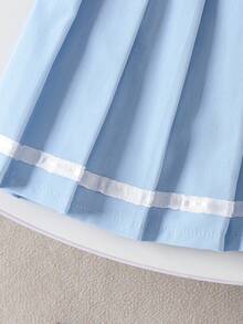 2件套女童校园运动爱心刺绣无袖Polo领上衣和百褶裙套装，夏季 - 淺藍色 - 查看 8