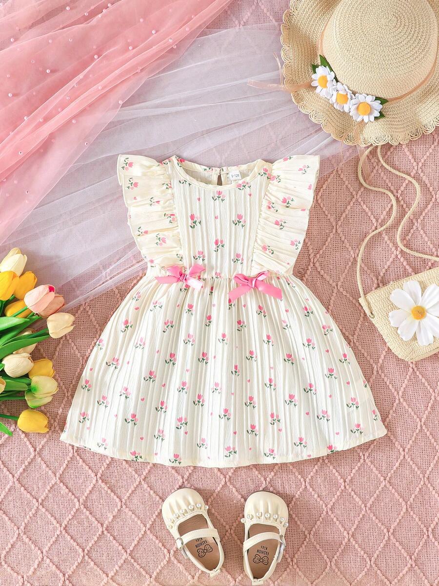 Summer Baby Girl Ditsy Floral Dress, Baby GirlCasual Sweet Cute Mini Dress - Apricot - View 1