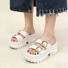 ​​Sandalias para mujer estilo coreano multiusos - Diseño minimalista con doble hebilla, plataforma antideslizante de EVA para aumentar estatura​​ - Blanco - Ver 2