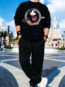 Men's Crew Neck Sweatshirt And Sweatpants Set, Disney Mickey Mouse Letter And Mickey Mouse Print, Streetwear, Sportswear, Sportswear, Comfortable Men's Hoodie And Sweatpants Two-Piece Set, The Best Gift For Men. - Black - View 2
