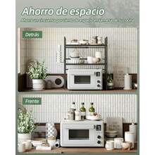 Soporte extensible para microondas Organizador de Cocina Repisas para cocina en Altura ajustable Estante para Cocina 3 Niveles con 8 Ganchos 1 servilletero 1 cesto para Especias-074 - 3 Niveles Negro - Ver 5