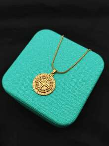 1pc 18K Gold Plated Stainless Steel Viking Compass Pendant Necklace, Metal Coin Badge Stylish Versatile Cross Chain For Men - Yellow Gold - View 5