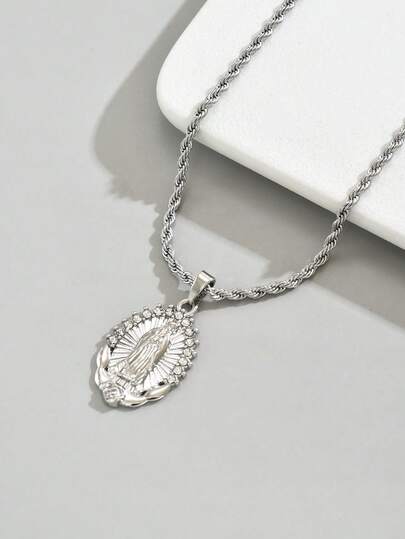1pc Men's Stainless Steel Sacred Wind Rhinestone Oval Virgin Mary Necklace, Versatile Sparkling Christian Jewelry, Fashionable Hiphop Accessory, Suitable As Valentine's Gift, Everyday Wear
