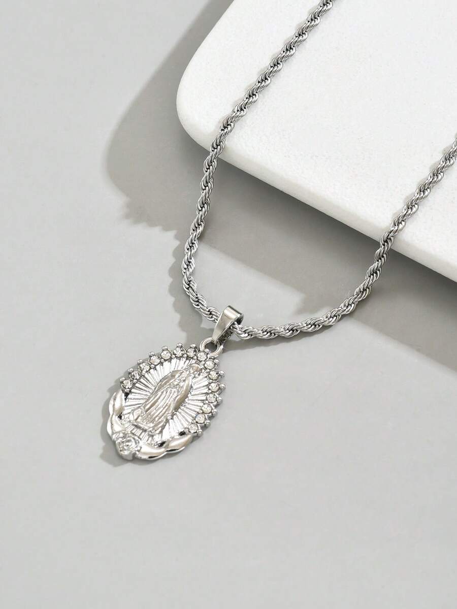 1pc Men's Stainless Steel Sacred Wind Rhinestone Oval Virgin Mary Necklace, Versatile Sparkling Christian Jewelry, Fashionable Hiphop Accessory, Suitable As Valentine's Gift, Everyday Wear - White - View 1