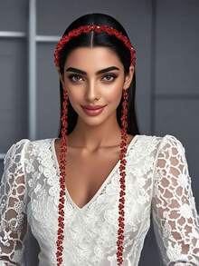 1件红色水晶长流苏发箍，手工多层串珠新娘头饰，适合婚礼、庆典、节日、派对、休闲场合佩戴 - 紅色 - 查看 2