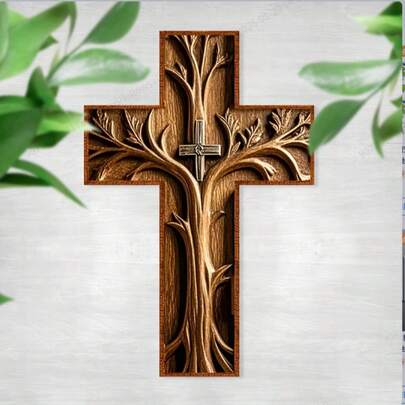 1pc Vintage Wooden Cross Wall Art Decor, Artificial Wood Material, Indoor Home Hanging Decoration, Suitable For Living Room, Bedroom, Great For Christmas, Halloween, Easter, Thanksgiving, Perfect For Home, Farmhouse, Cafe, Church, Patio, Dining Room, Multi-Purpose Holiday Decor