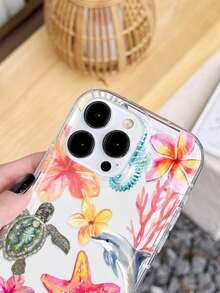1pc 1pc Ocean Elements Starfish, Sea Turtle, Jellyfish, Hibiscus, Coral, Dolphin Pattern Anti-Slip Transparent Airbag Phone Case Compatible With  11/12/13/14/15/16 Pro Max Phone Cases  17 Pro Max Case Valentines  15 Case  Case  17 Pro Case Without Charm - 多色 2 - 查看 5