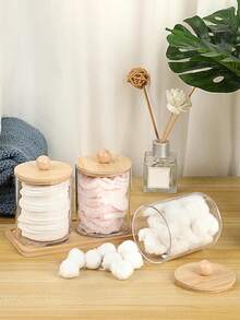 Set Penyimpanan Tisu Basah & Kapas Akrilik 3 Buah untuk Kamar Mandi, dengan Tutup Bambu - Kotak Penyimpanan Kapas & Bantalan Kapas Plastik Transparan dengan Baki Bambu - A - View 4