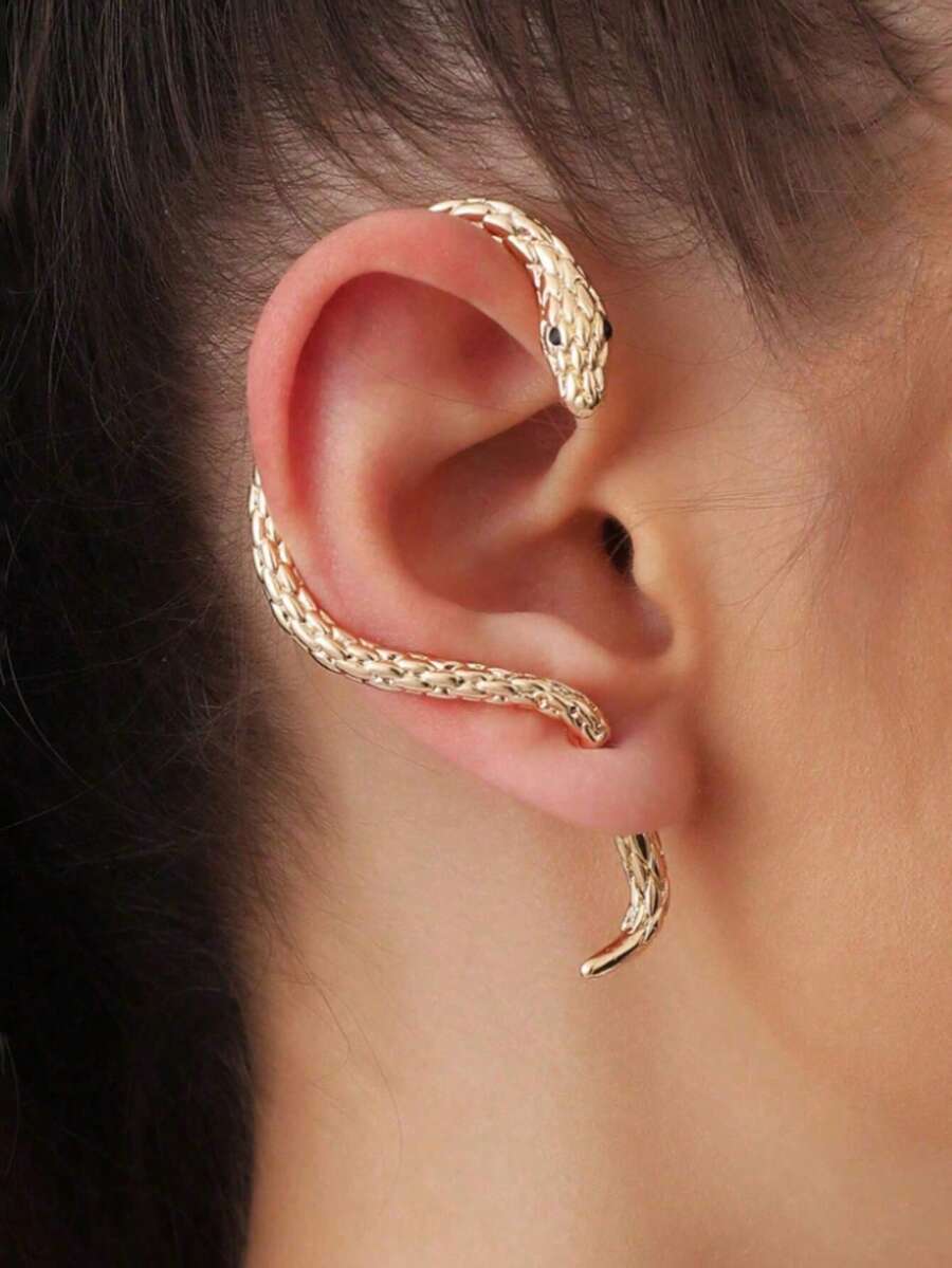 1pc Retro Personality Dark Wind Winding Snake Shaped Earrings Exaggerated Niche Couple Design Feeling Earrings Temperament Earrings - Gold (right Ear) - View 1