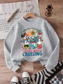 1pc Disney Mickey Mouse & Companions Retro Tropical Cruise Illustration Tween Girls Adventurous Sweatshirt - Comfortable & Lightweight, Great For Weekend Getaways & Casual School Days - 灰色 - 查看 1