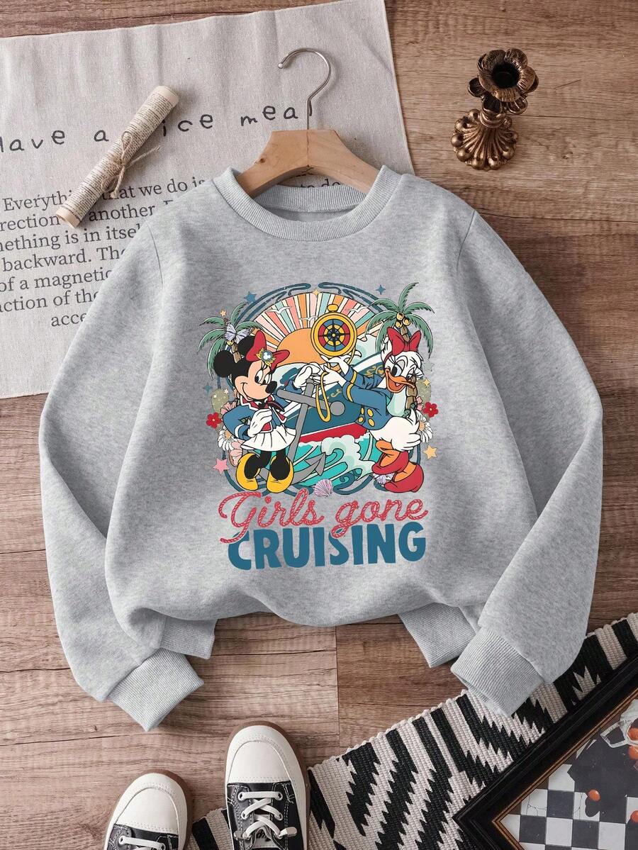 1pc Disney Mickey Mouse & Companions Retro Tropical Cruise Illustration Tween Girls Adventurous Sweatshirt - Comfortable & Lightweight, Great For Weekend Getaways & Casual School Days - 灰色 - 查看 1