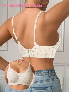 Ditsy Floral Print Lace Trim Bralette Lingerie - Apricot - View 2