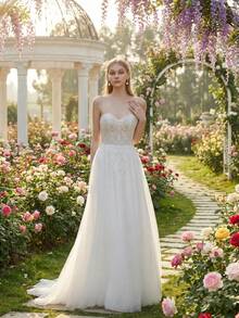 YOUKEFEIER Sleeveless Sweetheart Neckline Wedding Dress, Made Of Elegant Long Tulle Fabric, Adorned With Beaded Appliques. - Beige - View 4