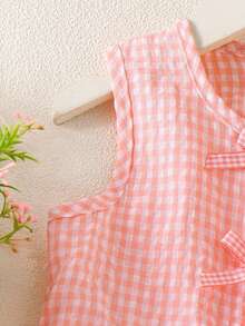2pcs/Set Young Girl' Sweet Plaid Bow Ruffle Sleeveless Top And Shorts Set, Summer - Pink - View 4